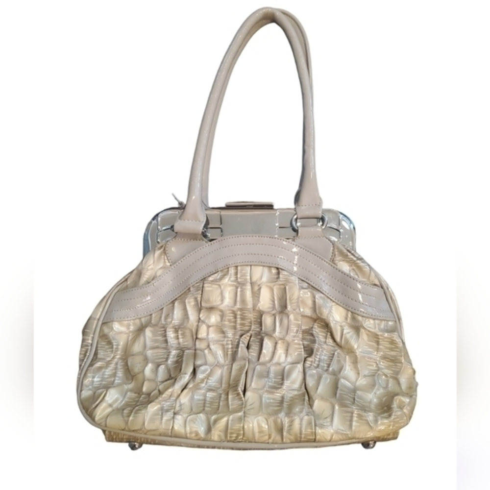Women's Creme Faux Crocodile Doctor Bag Shoulder Purse Silver Clasp